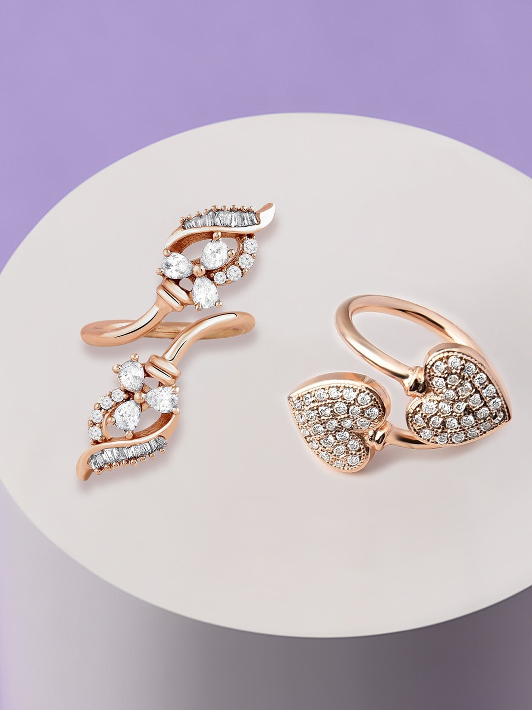 

AMI Women Set Of 2 Rose-Gold Plated CZ Studded Adjustable Finger Rings, White