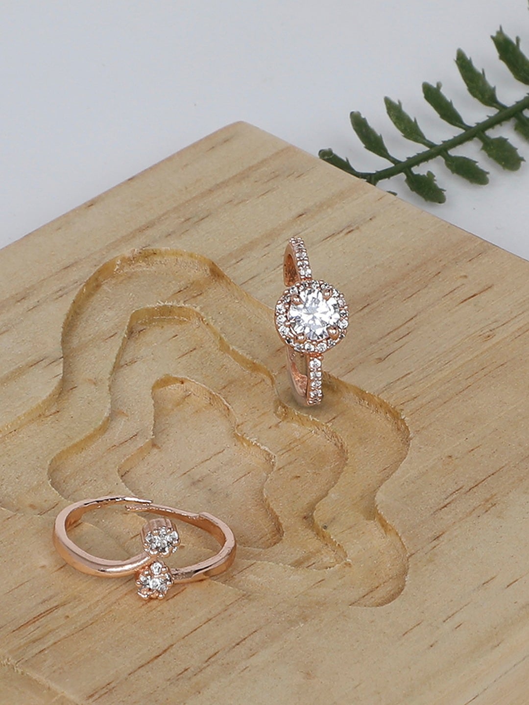 

AMI Women Set Of 2 Rose Gold-Plated CZ Stone-Studded Adjustable Finger Rings, White