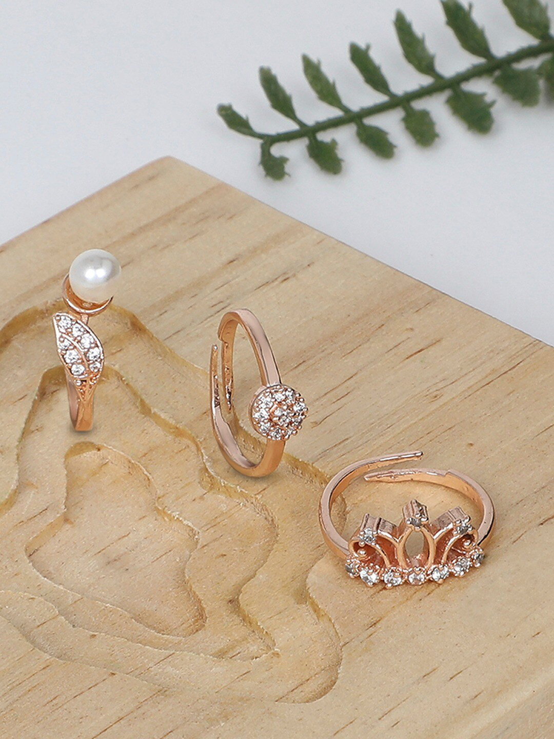 

AMI Women Set Of 3 Rose Gold-Plated CZ-Studded & Pearl Beaded Adjustable Finger Rings, White