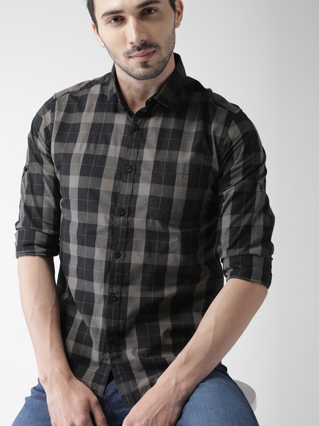 

HIGHLANDER Men Black & Grey Slim Fit Checked Casual Shirt