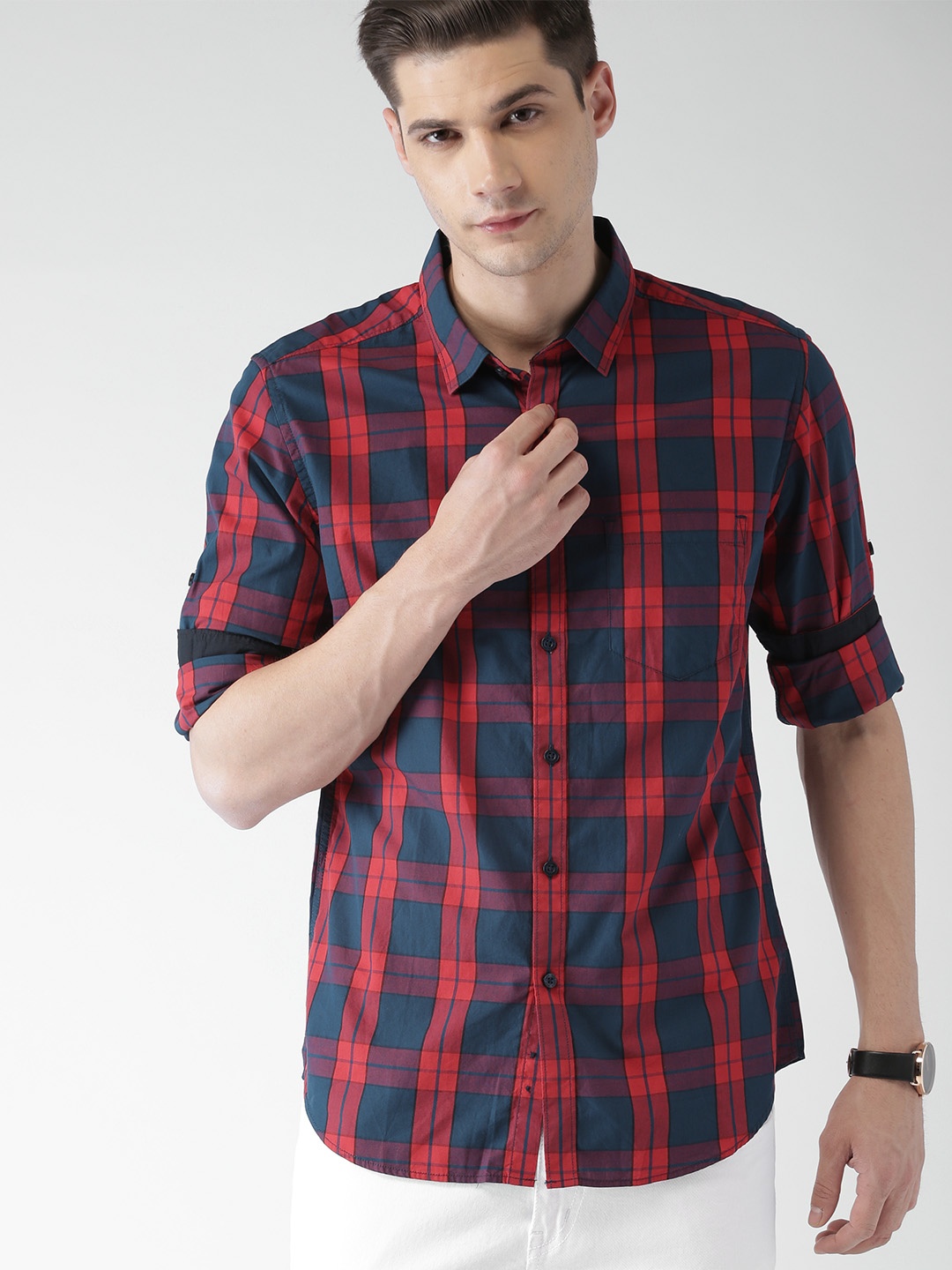 

HIGHLANDER Men Navy & Red Slim Fit Checked Casual Shirt, Navy blue