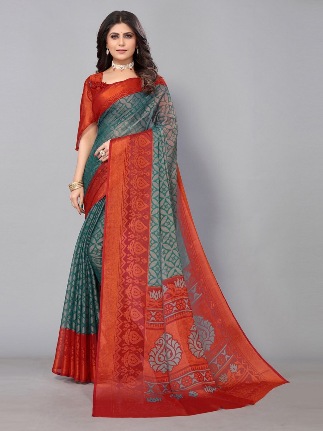 

KALINI Floral Printed Saree, Teal