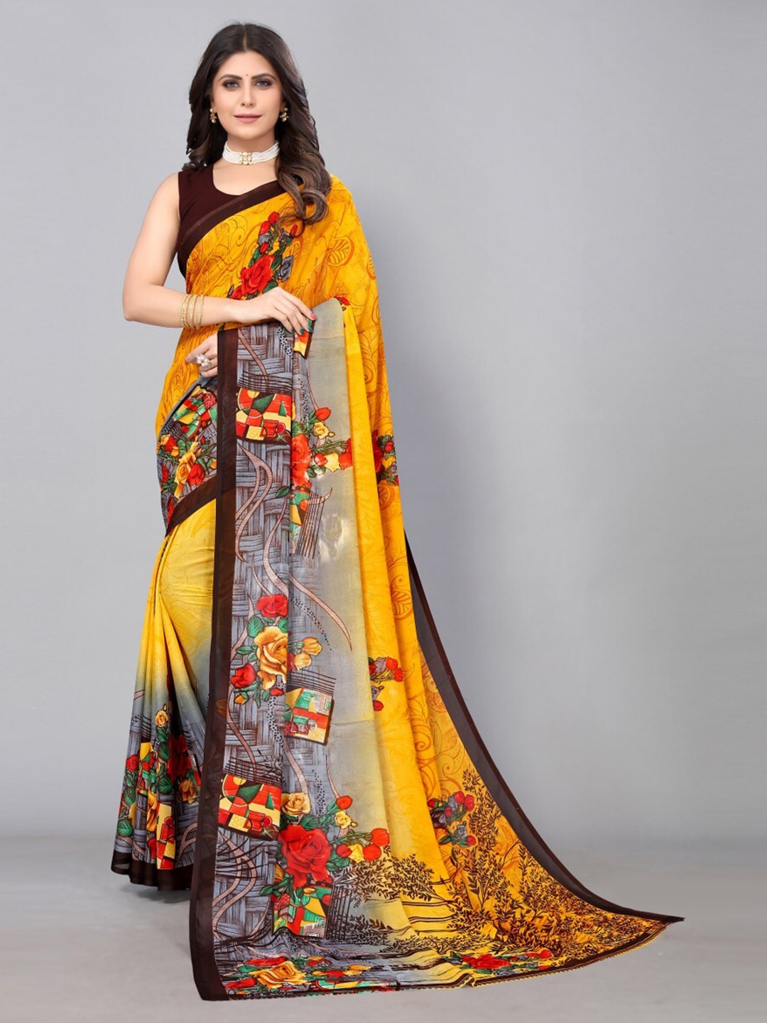 

KALINI Floral Printed Saree, Yellow