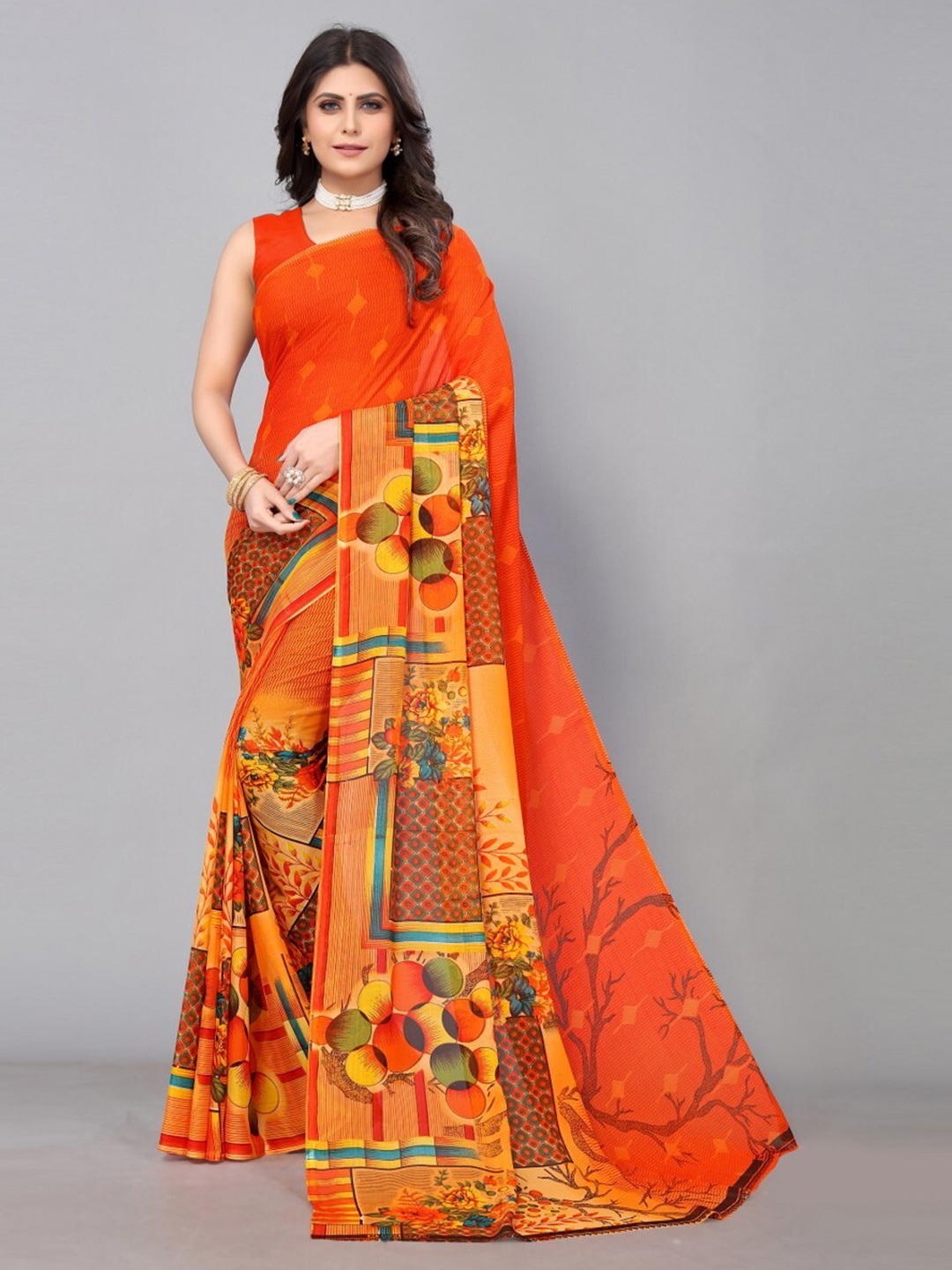 

KALINI Orange & Yellow Floral Saree