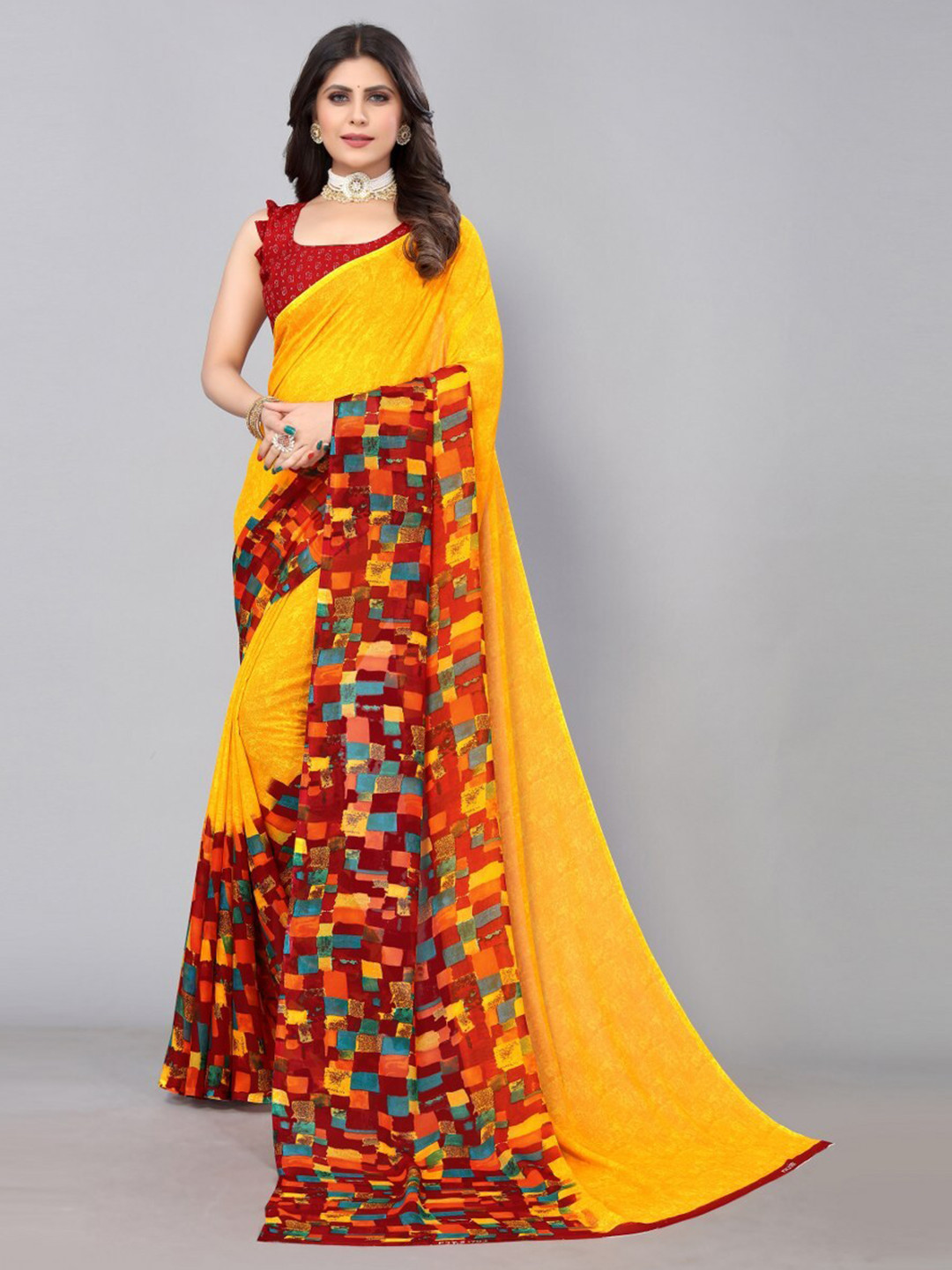 

KALINI Geometric Printed Poly Georgette Saree with Unstitched Blouse Piece, Yellow