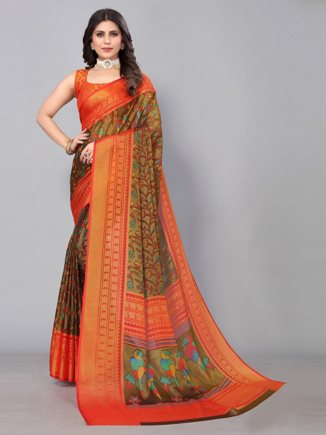 

KALINI Floral Printed Chiffon Brasso Saree with with Unstitched Blouse Piece, Brown
