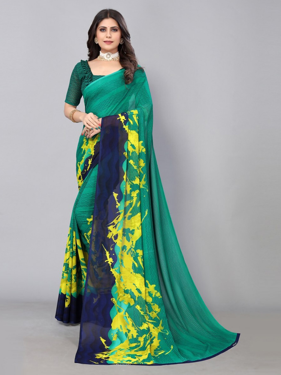 

KALINI Printed Georgette Saree with Unstitched Blouse Piece, Green