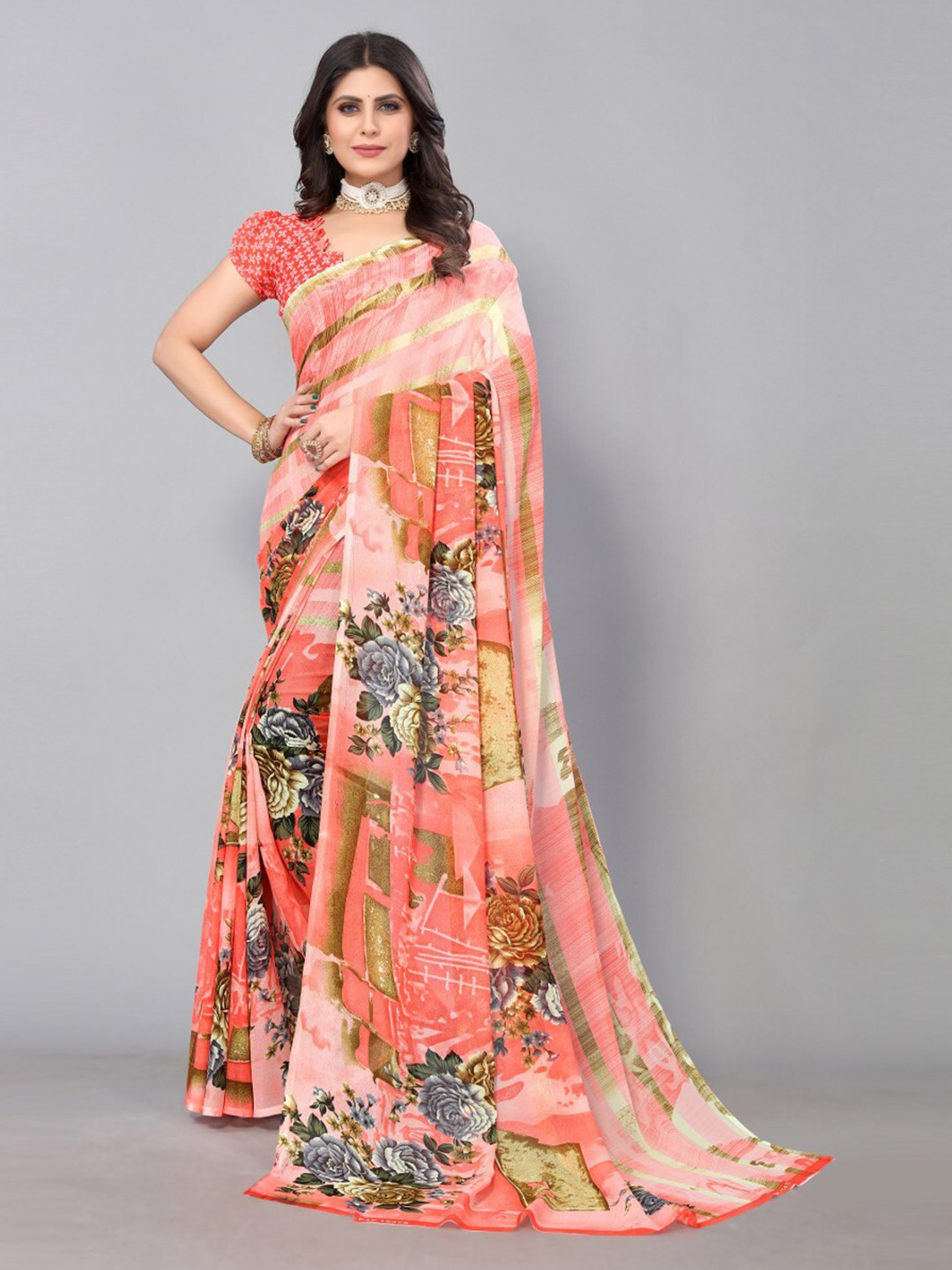 

KALINI Floral Printed Georgette Saree with Unstitched Blouse Piece, Peach