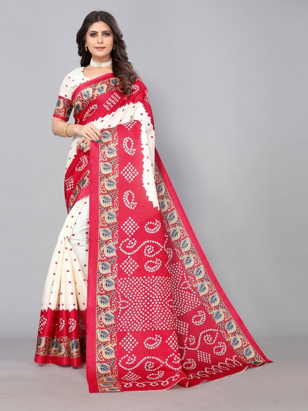 

KALINI White & Red Bandhani Art Silk Saree