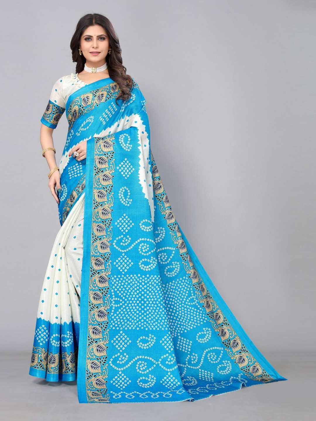 

KALINI White & Blue Bandhani Art Silk Saree