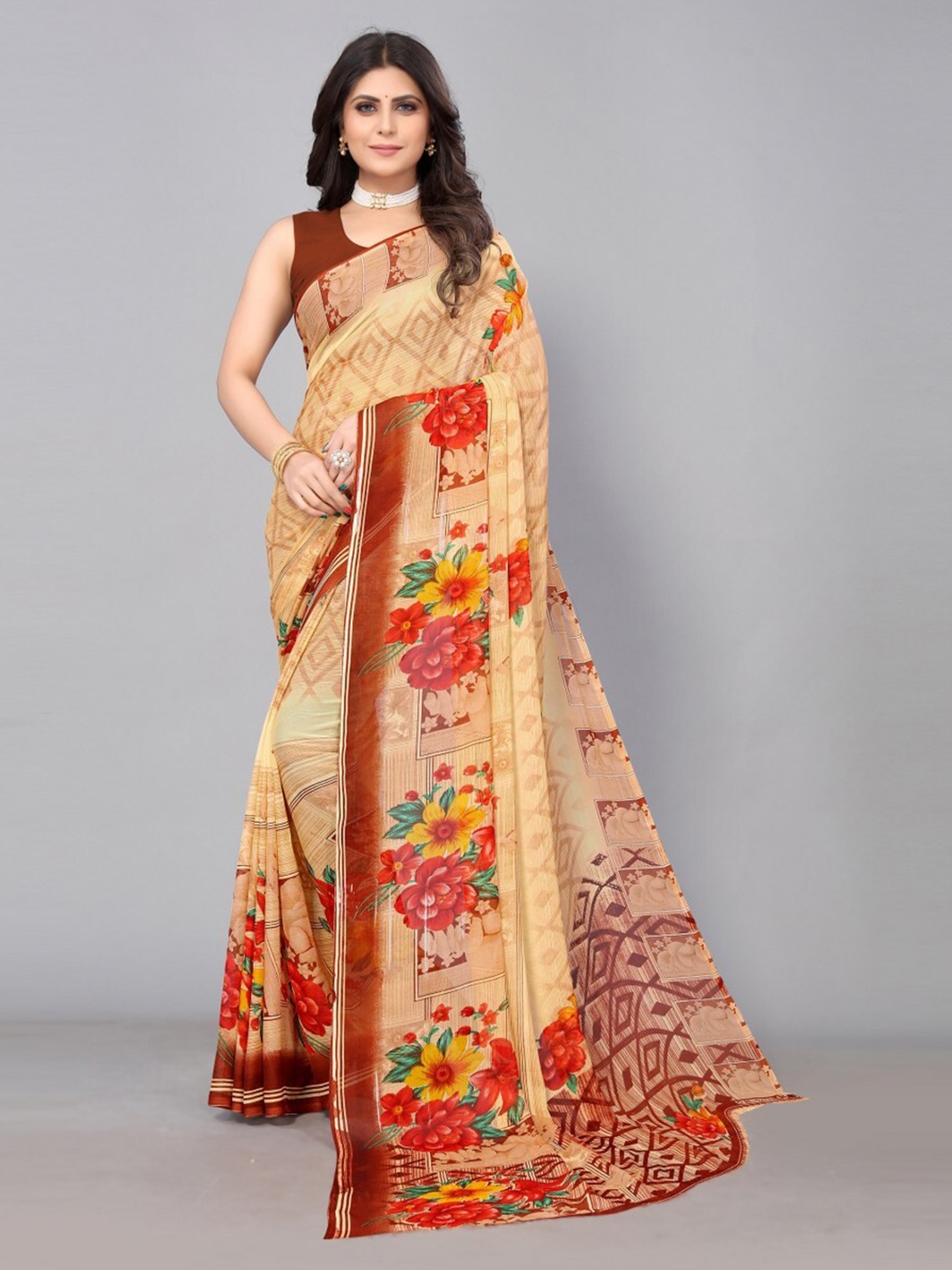 

KALINI Floral Printed Poly Georgette Saree, Cream