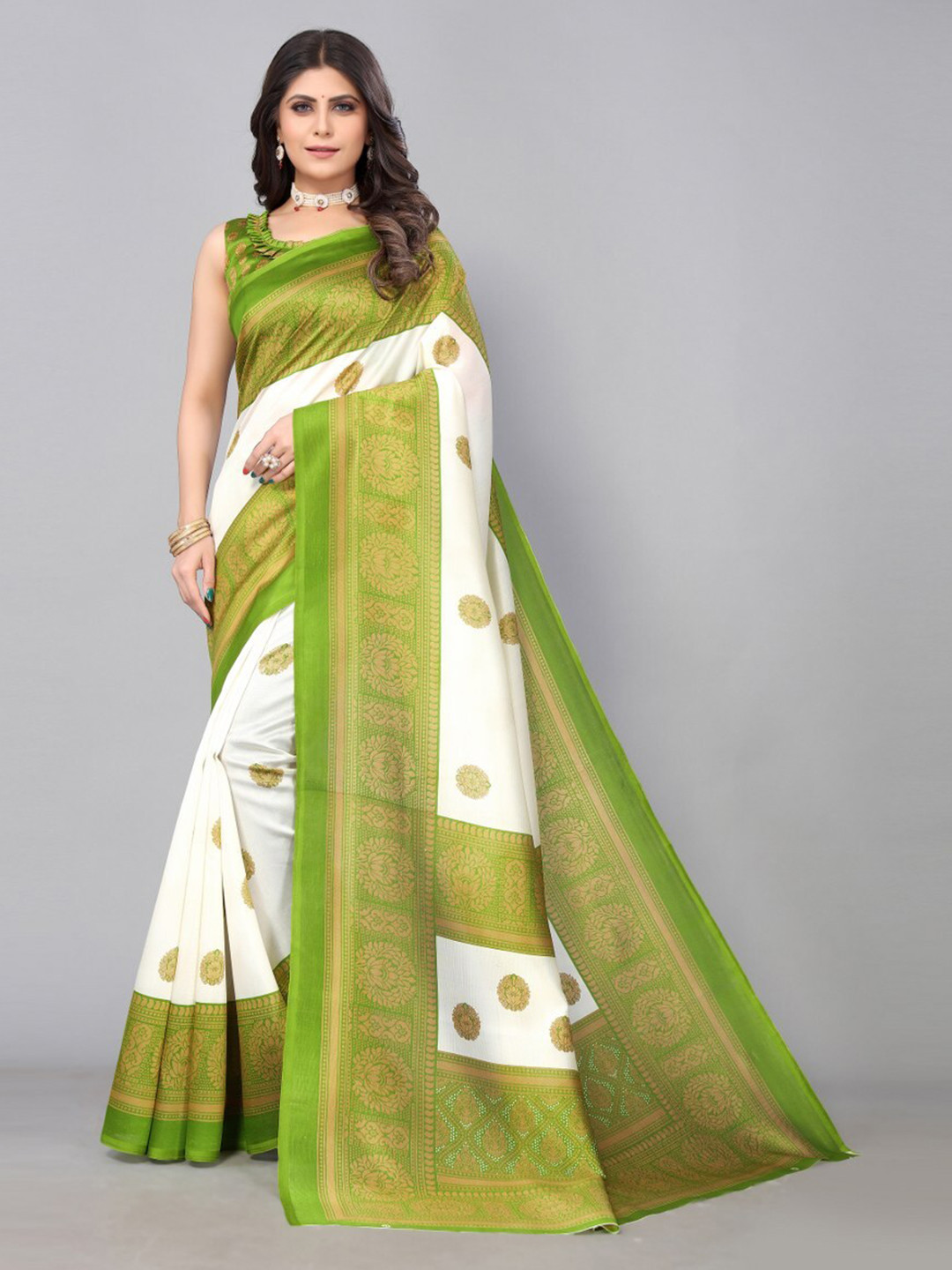 

KALINI White & Green Ethnic Motifs Art Silk Saree