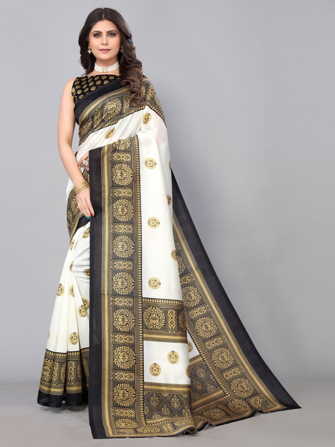 

KALINI White & Black Ethnic Motifs Art Silk Saree With Blouse Piece