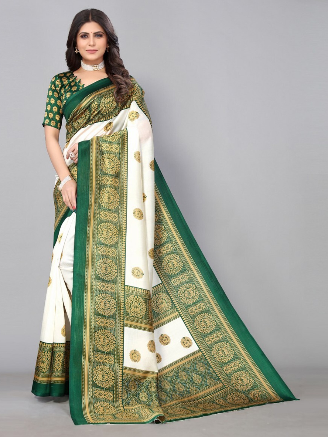

KALINI Ethnic Motifs Printed Art Silk Saree With Blouse Piece, White