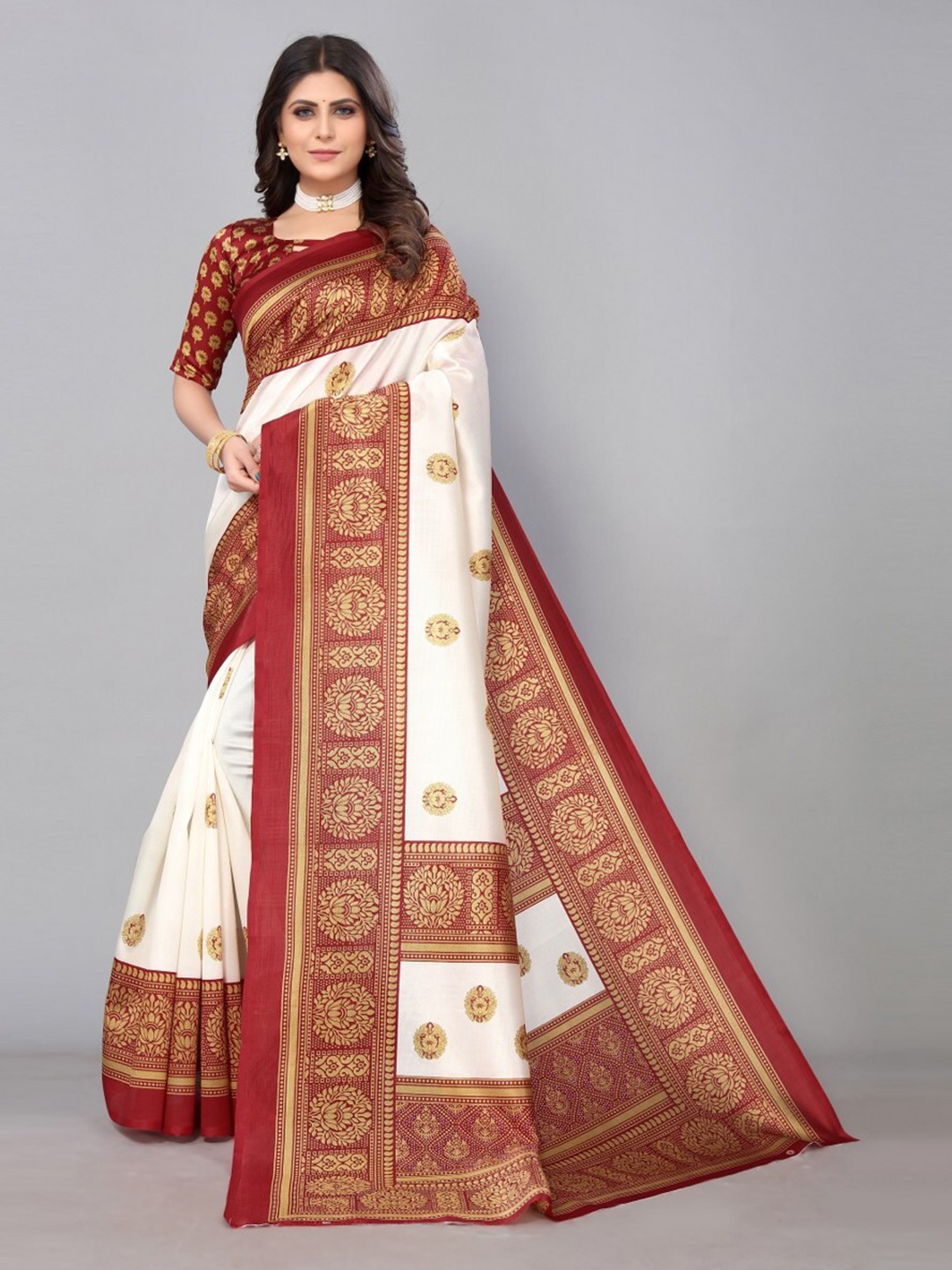 

KALINI Ethnic Motifs Printed Art Silk Saree With Blouse Piece, White