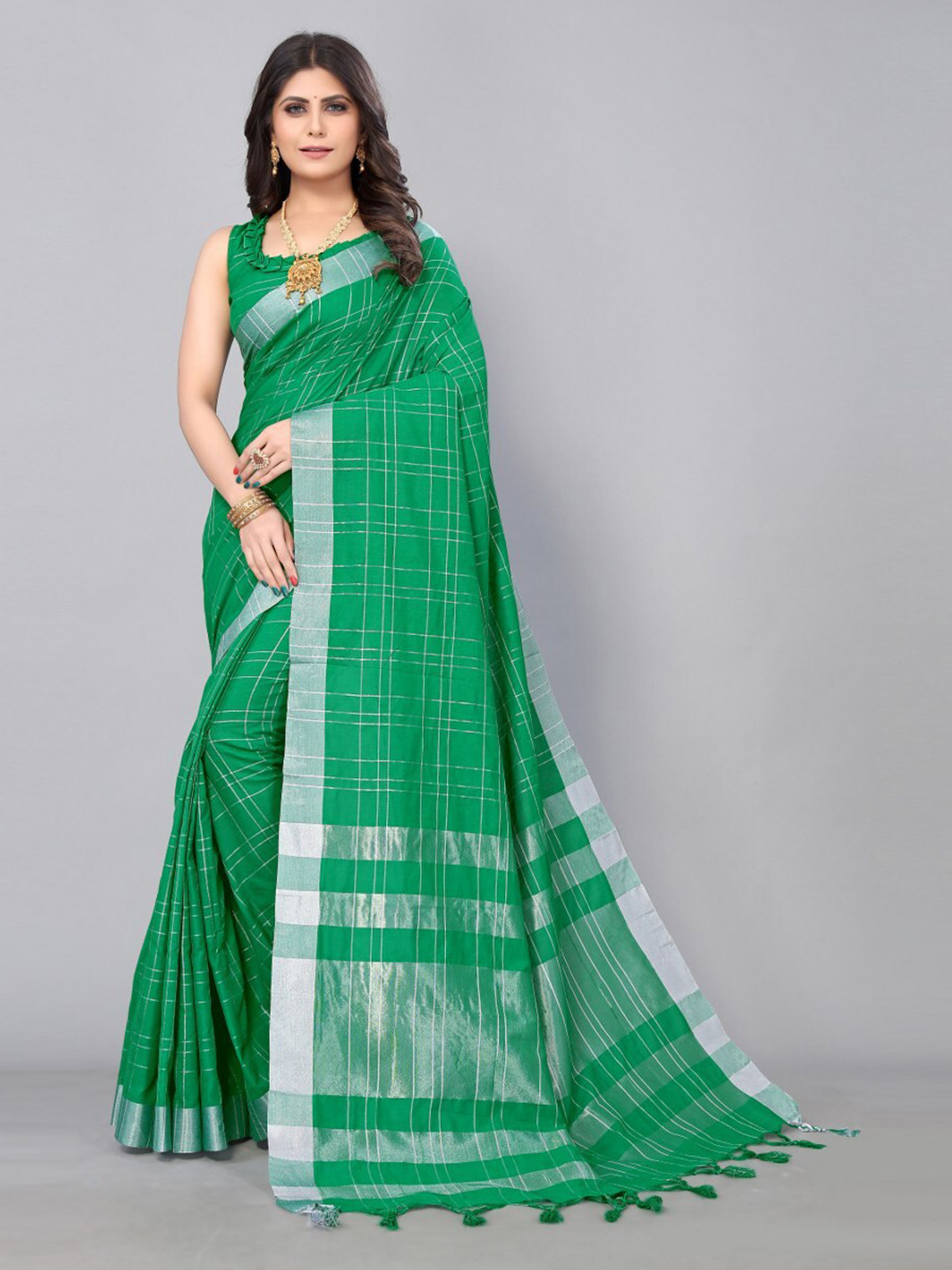 

KALINI Checked Zari Silk Cotton Saree, Green