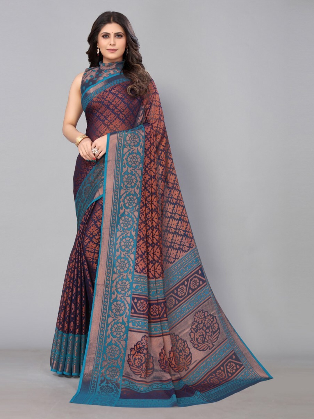 

KALINI Printed Floral Zari Saree, Navy blue