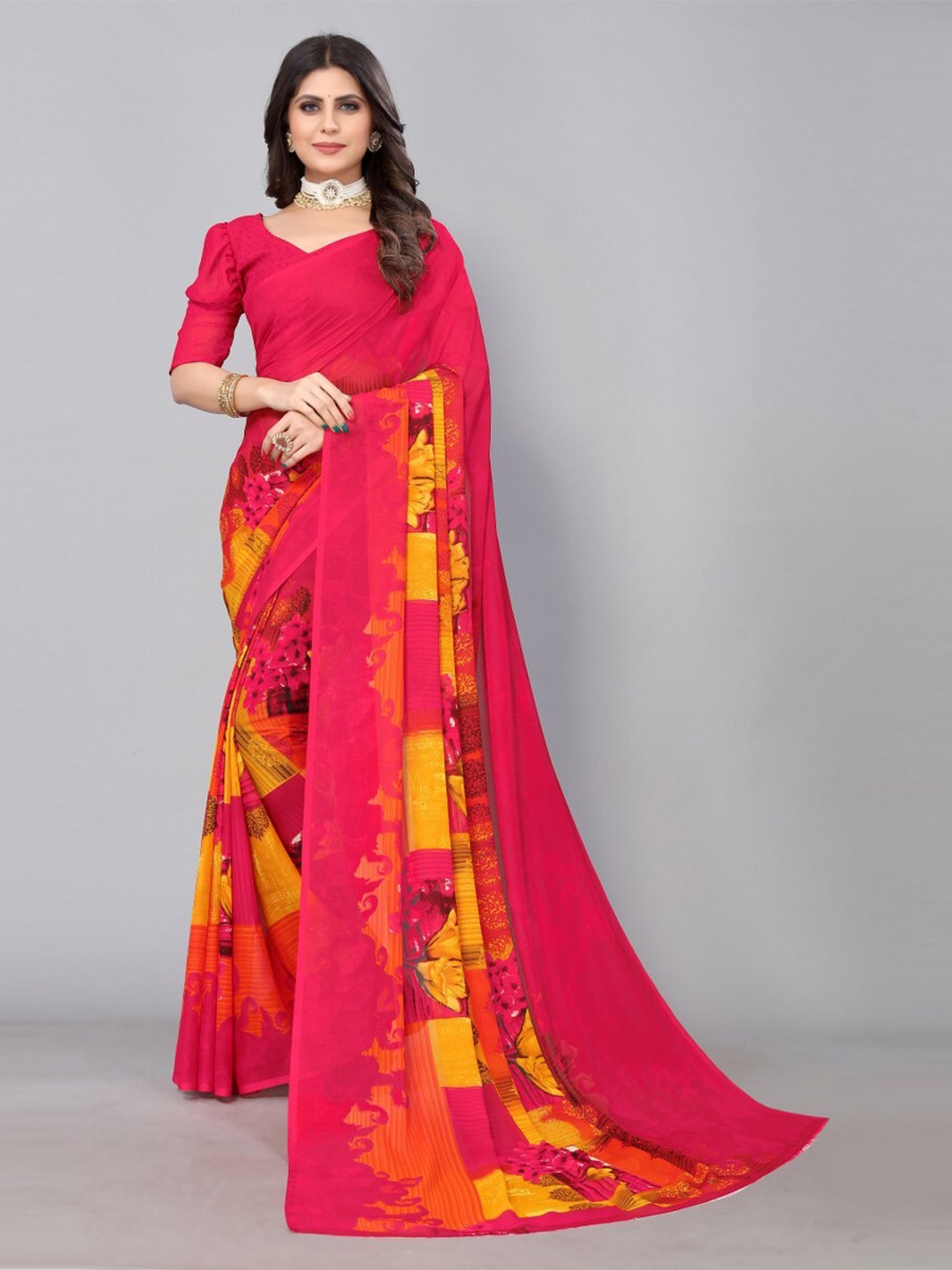 

KALINI Printed Floral Zari Saree, Pink