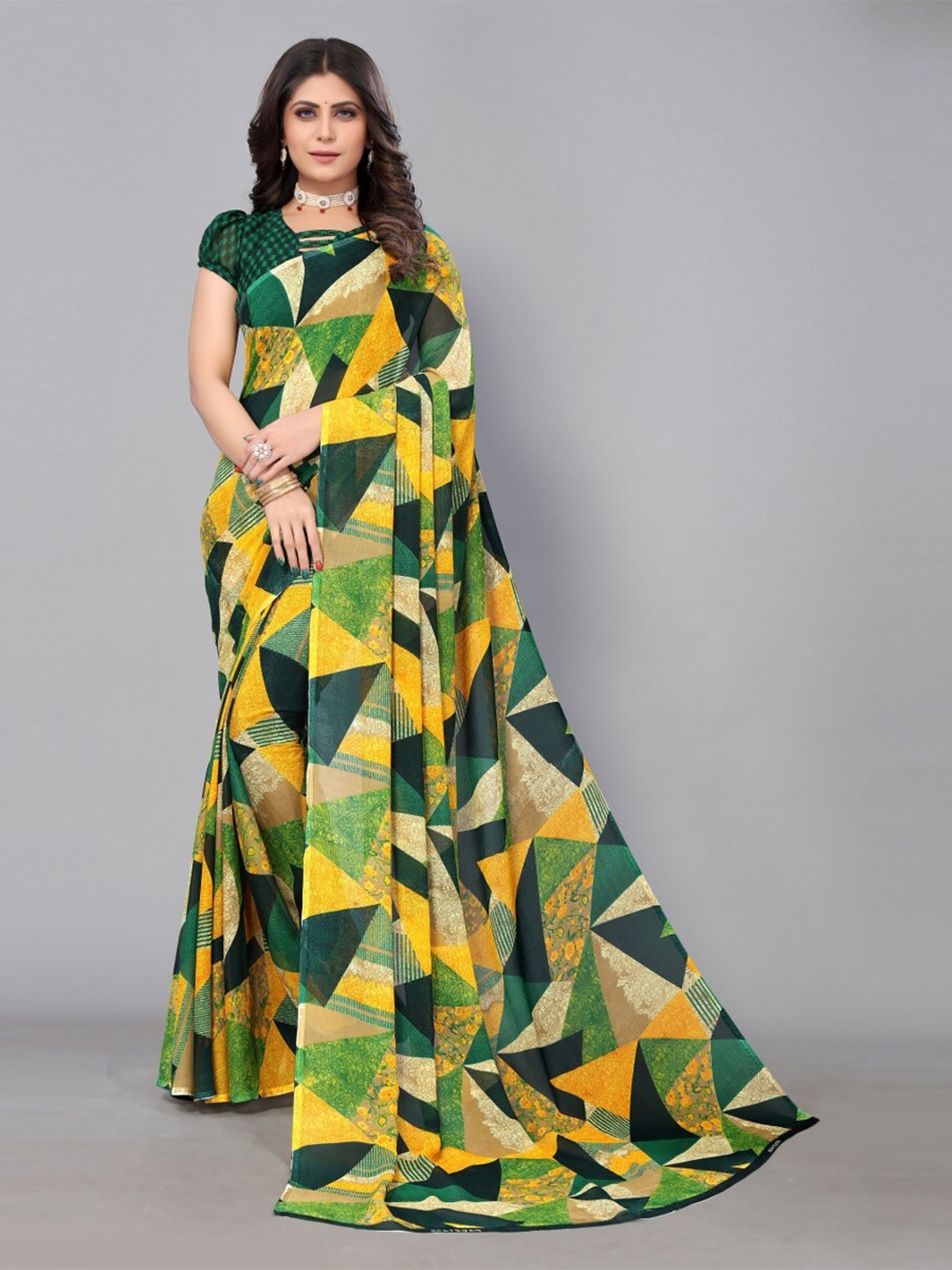 

KALINI Geometric Printed Saree, Yellow