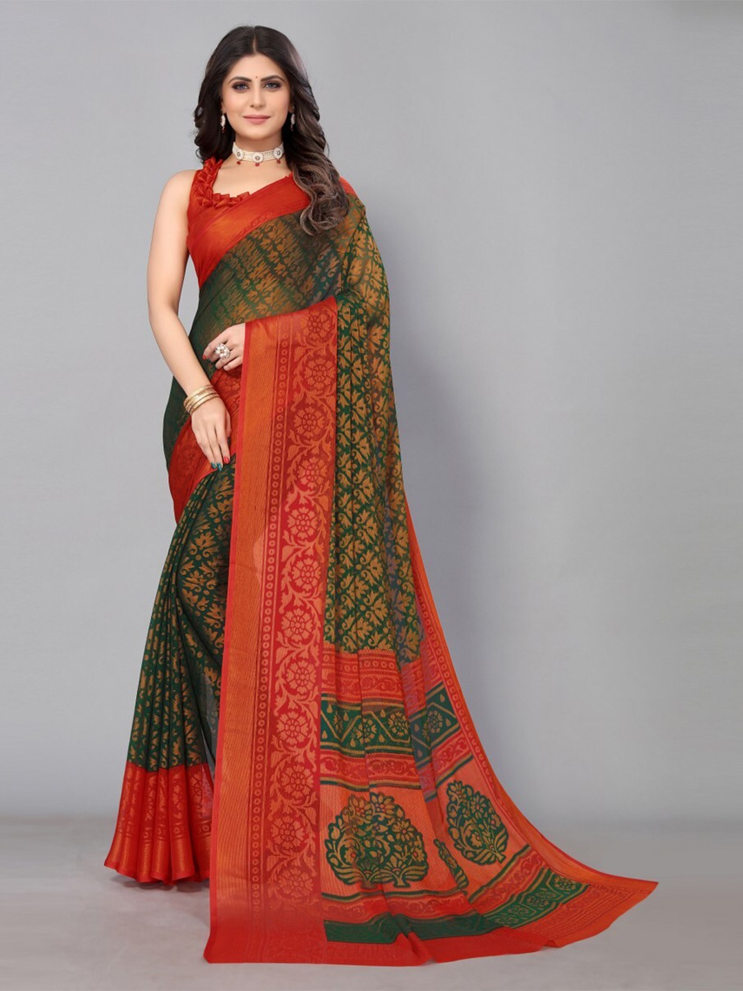 

KALINI Printed Floral Zari Saree, Green