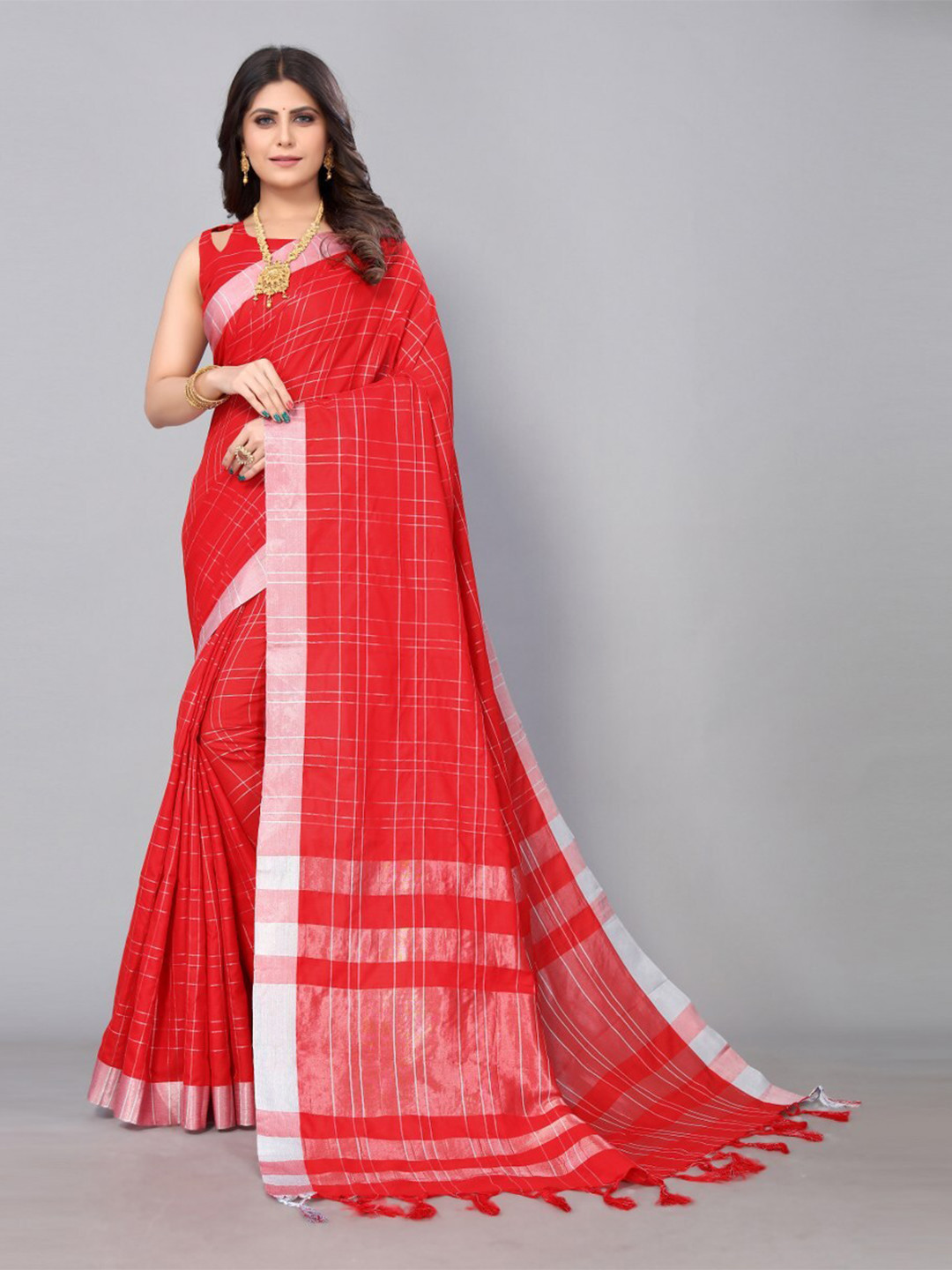 

KALINI Checked Zari Silk Cotton Saree, Red