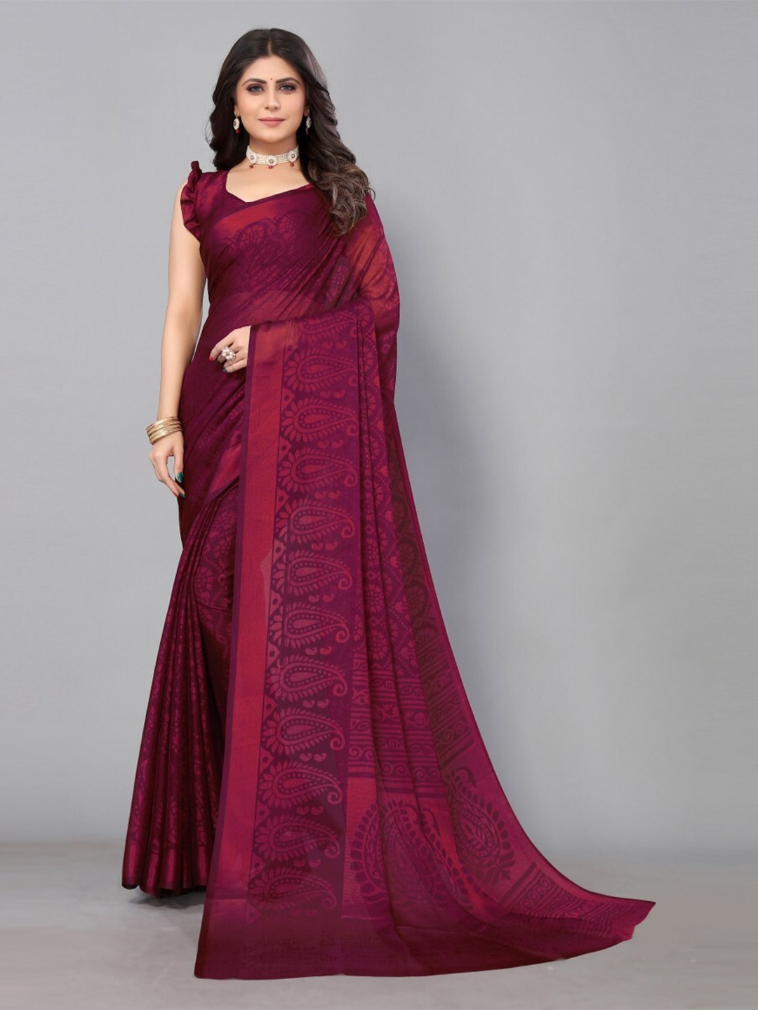 

KALINI Printed Paisley Zari Saree, Maroon