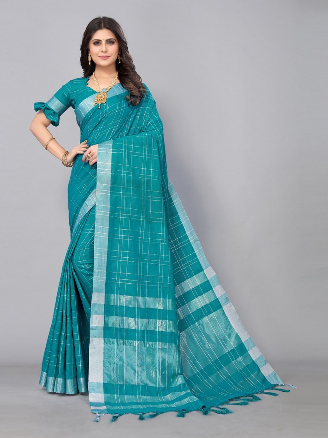 

KALINI Checked Zari Silk Cotton Saree, Teal