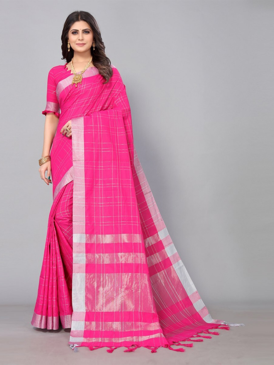 

KALINI Checked Zari Silk Cotton Saree, Pink