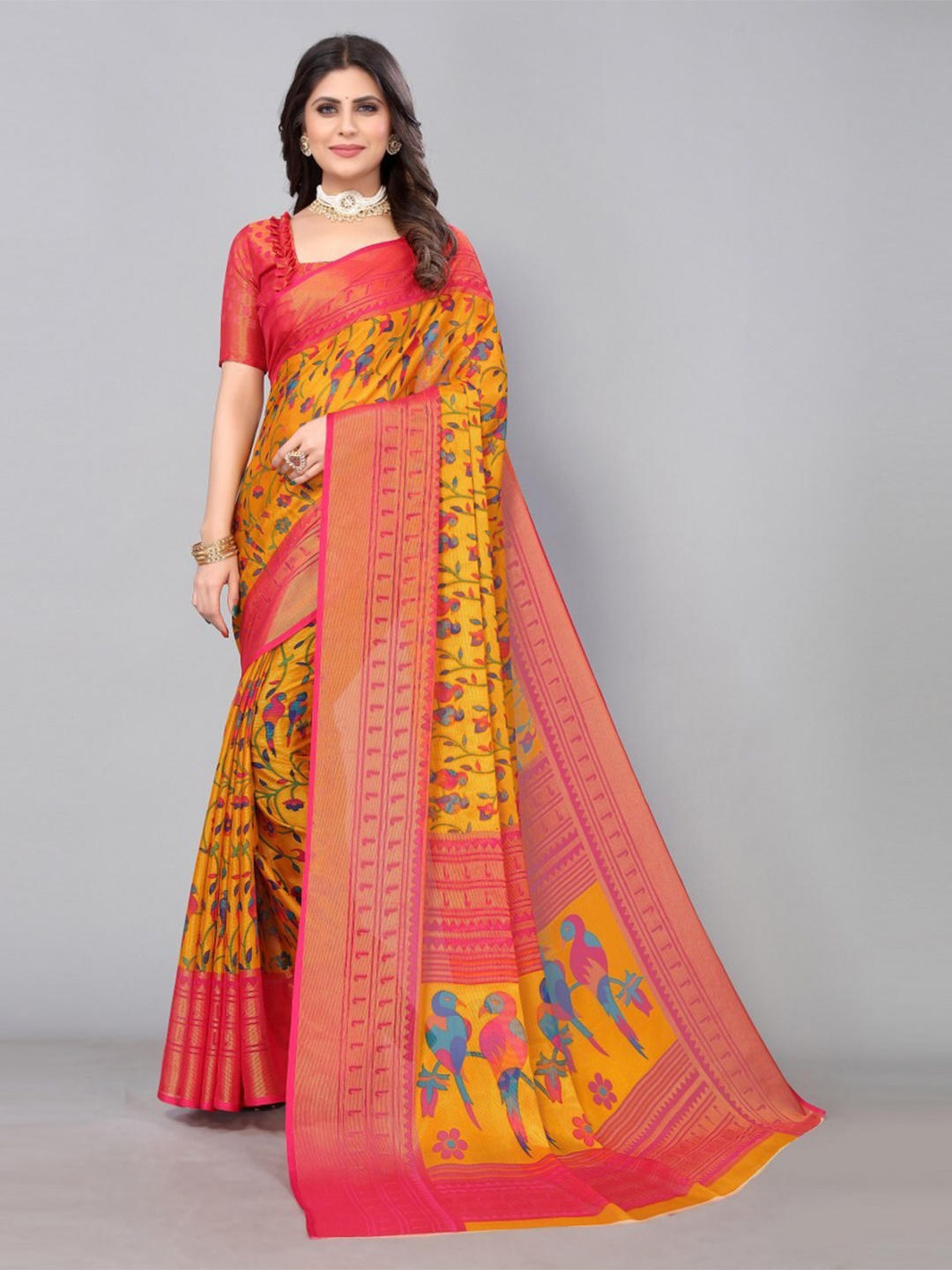 

KALINI Floral Poly Chiffon Saree, Yellow