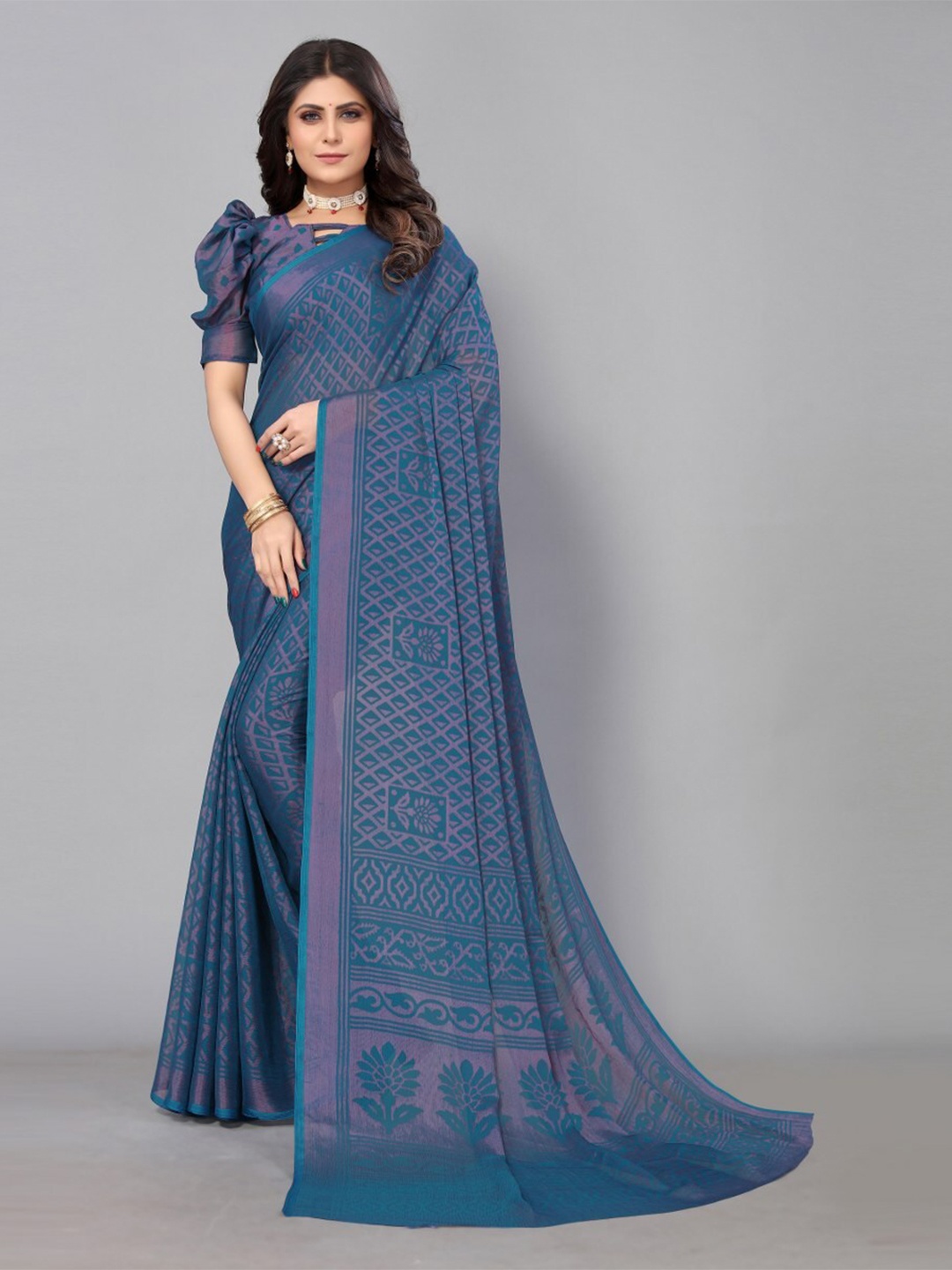 

KALINI Floral Poly Chiffon Saree, Blue