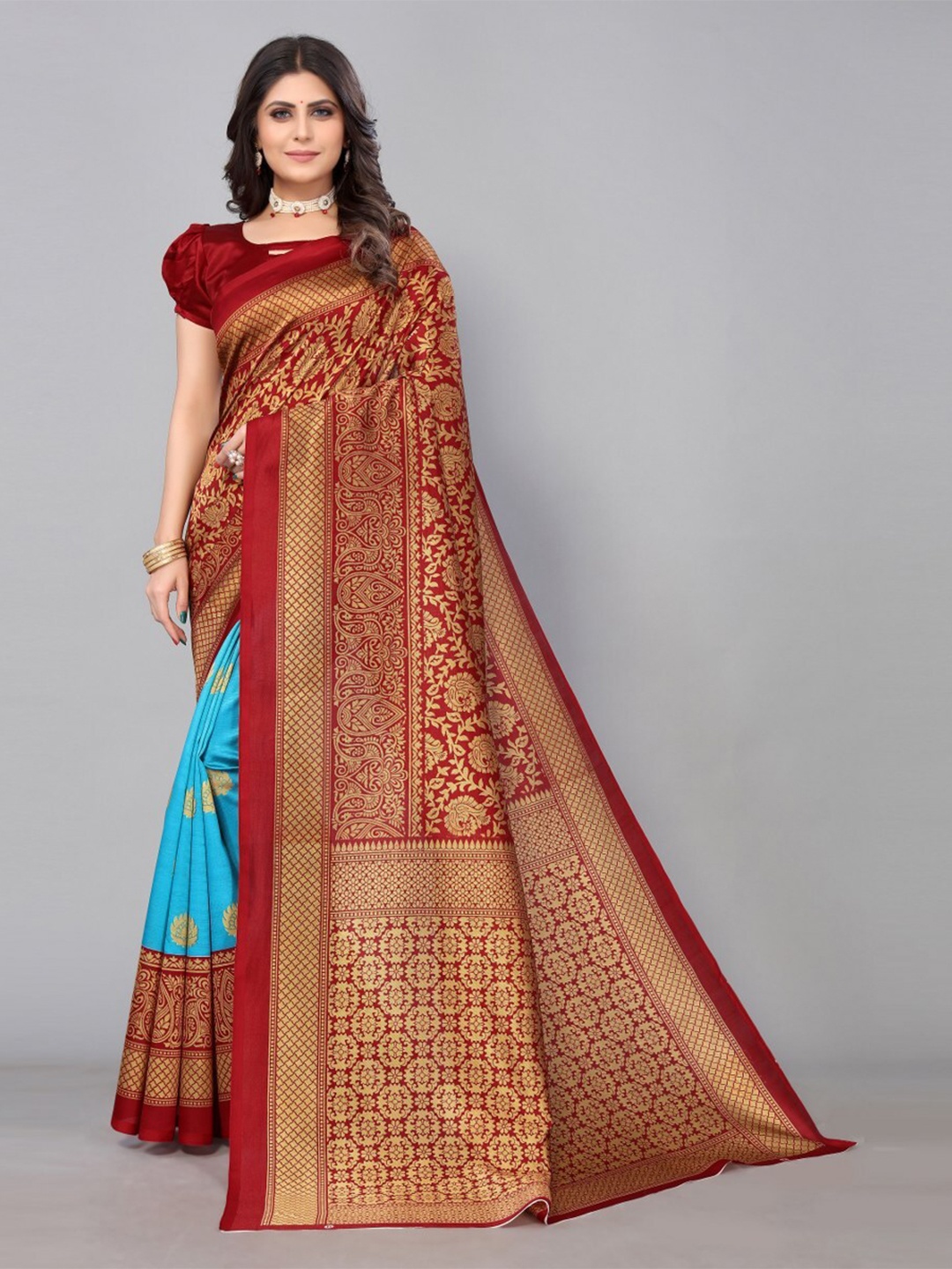 

KALINI Floral Zari Art Silk Saree, Teal