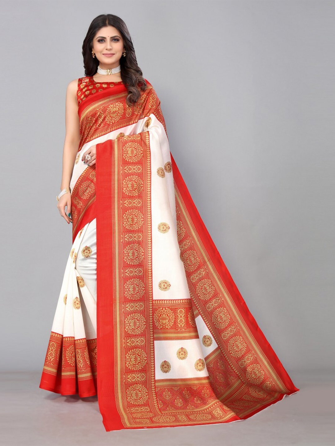 

KALINI Floral Art Silk Saree, Red