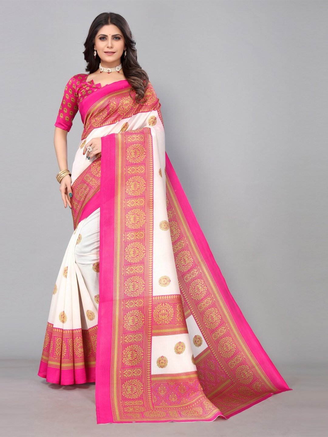 

KALINI Floral Art Silk Saree, Pink