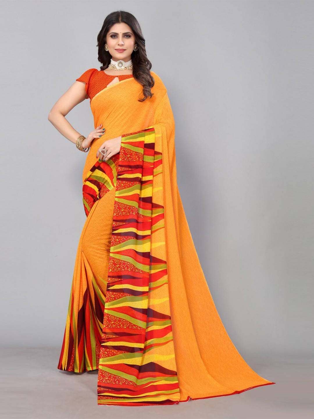 

KALINI Georgette Printed Saree, Yellow