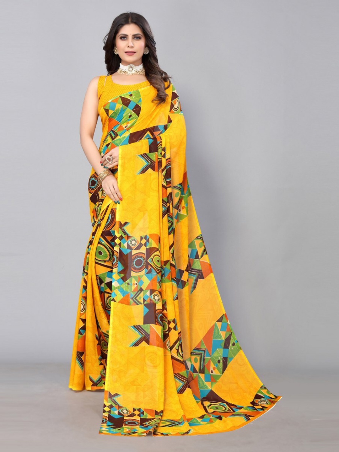 

KALINI Georgette Printed Saree, Yellow