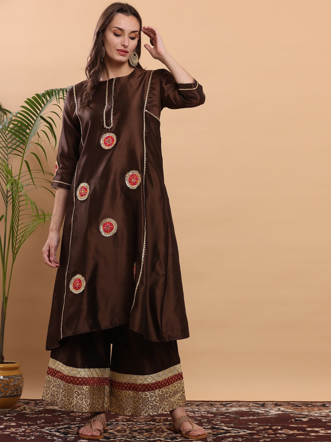 

KAANCHIE NANGGIA Women Brown Ethnic Motifs Embroidered Thread Work Kurta with Palazzos