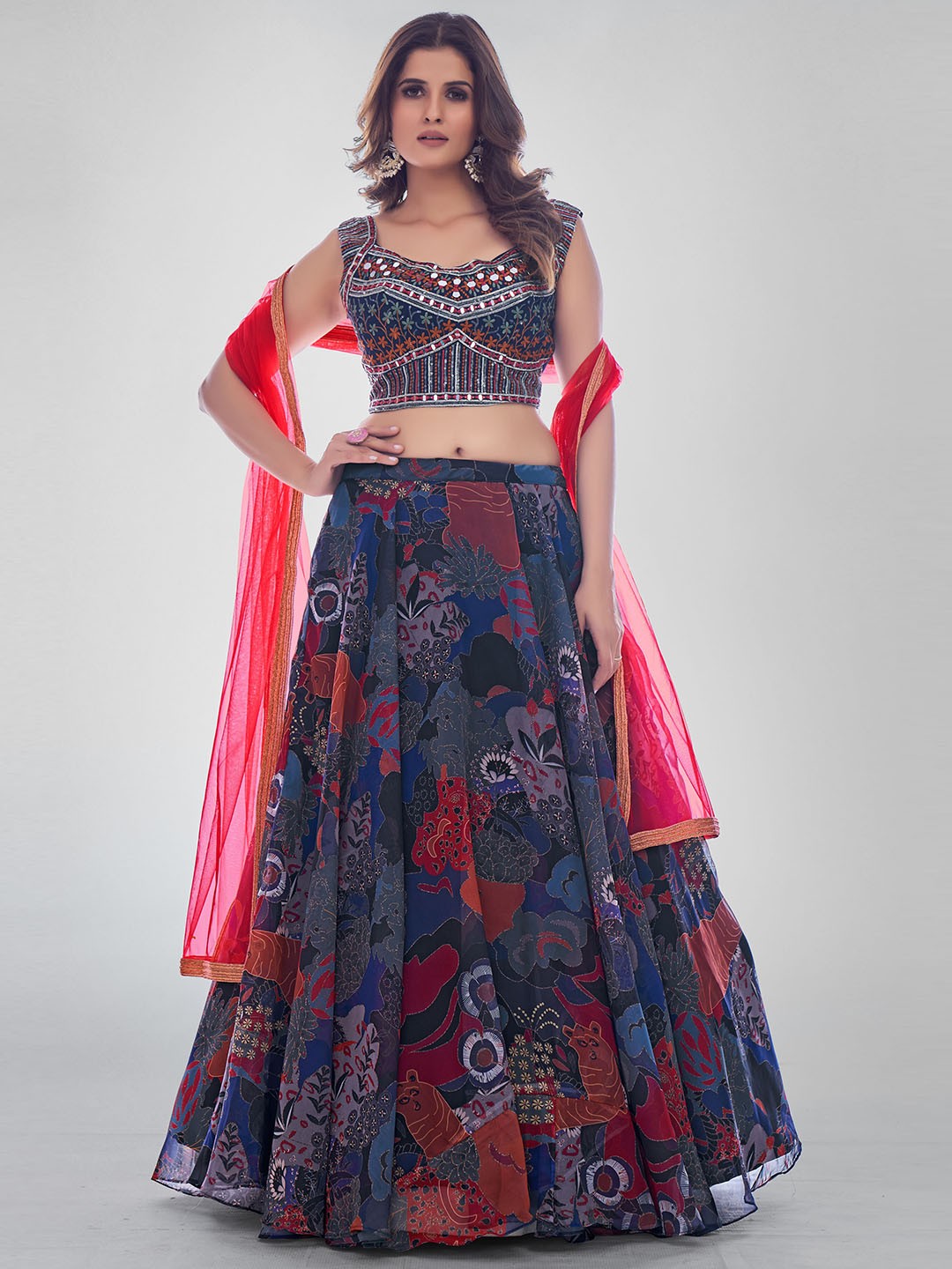 

DRESSTIVE Embroidered Thread Work Semi-Stitched Lehenga & Unstitched Blouse With Dupatta, Navy blue