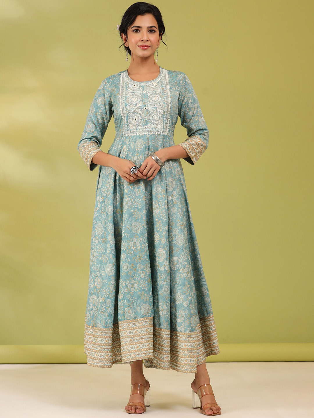 

Rain & Rainbow Floral Embroidered Maxi Ethnic Dresses, Sea green