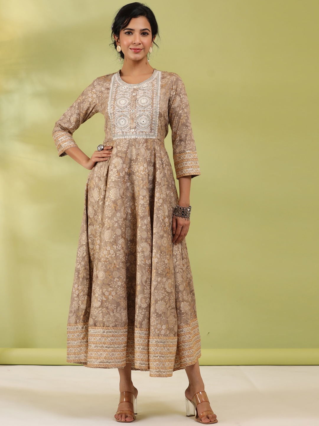 

Rain & Rainbow Floral-Printed Anarkali Flared Ethnic Dresses, Beige