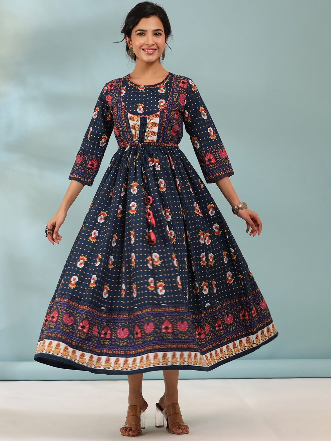 

Rain & Rainbow Printed Pure Cotton Ethnic Dresses, Navy blue