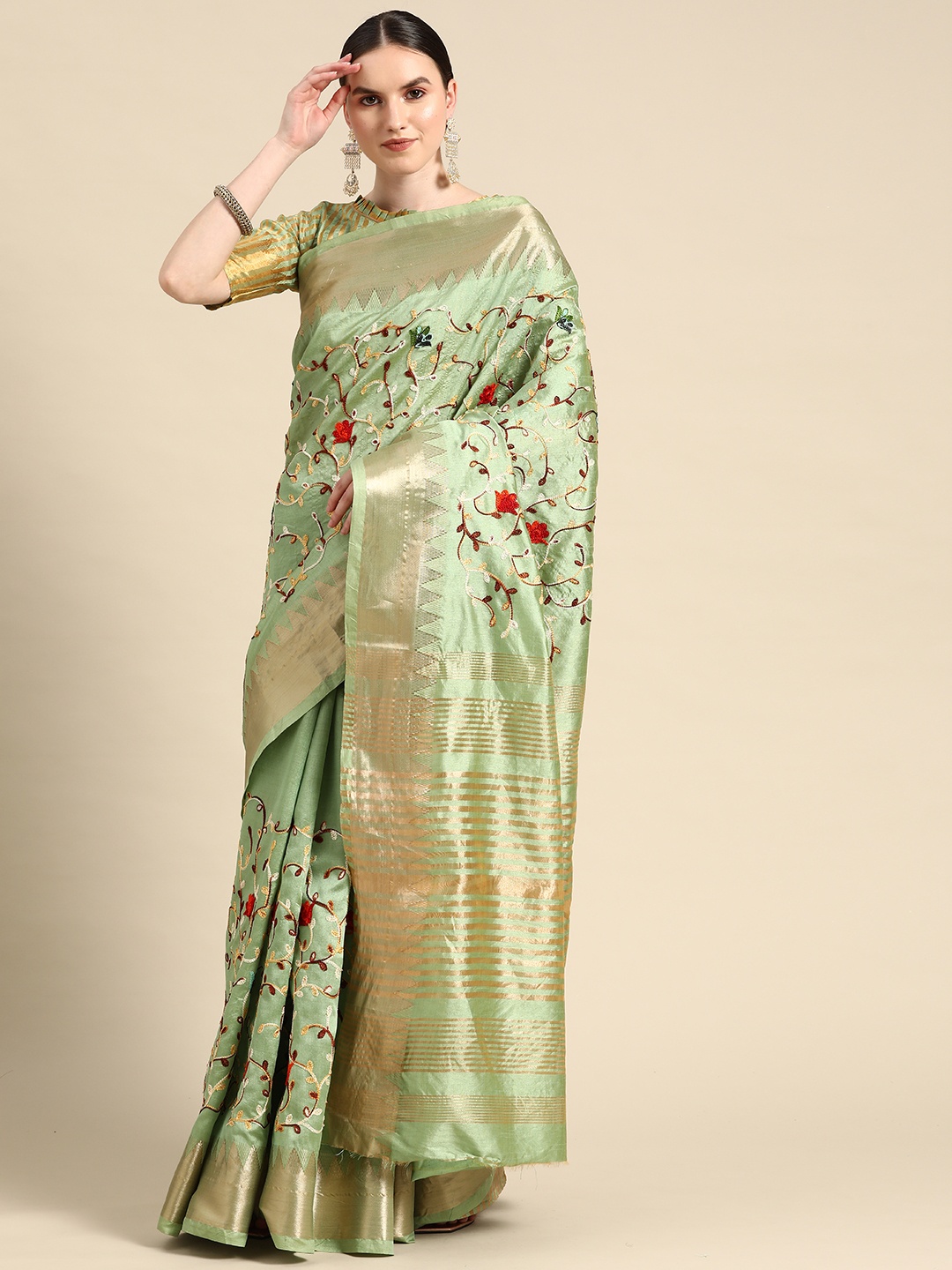 

SERONA FABRICS Floral Embroidered Mysore Silk Saree, Green