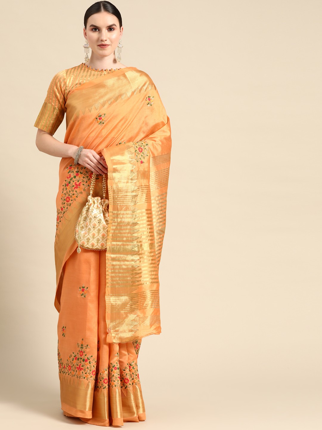 

SERONA FABRICS Floral Embroidered Silk Cotton Mysore Silk Saree, Orange
