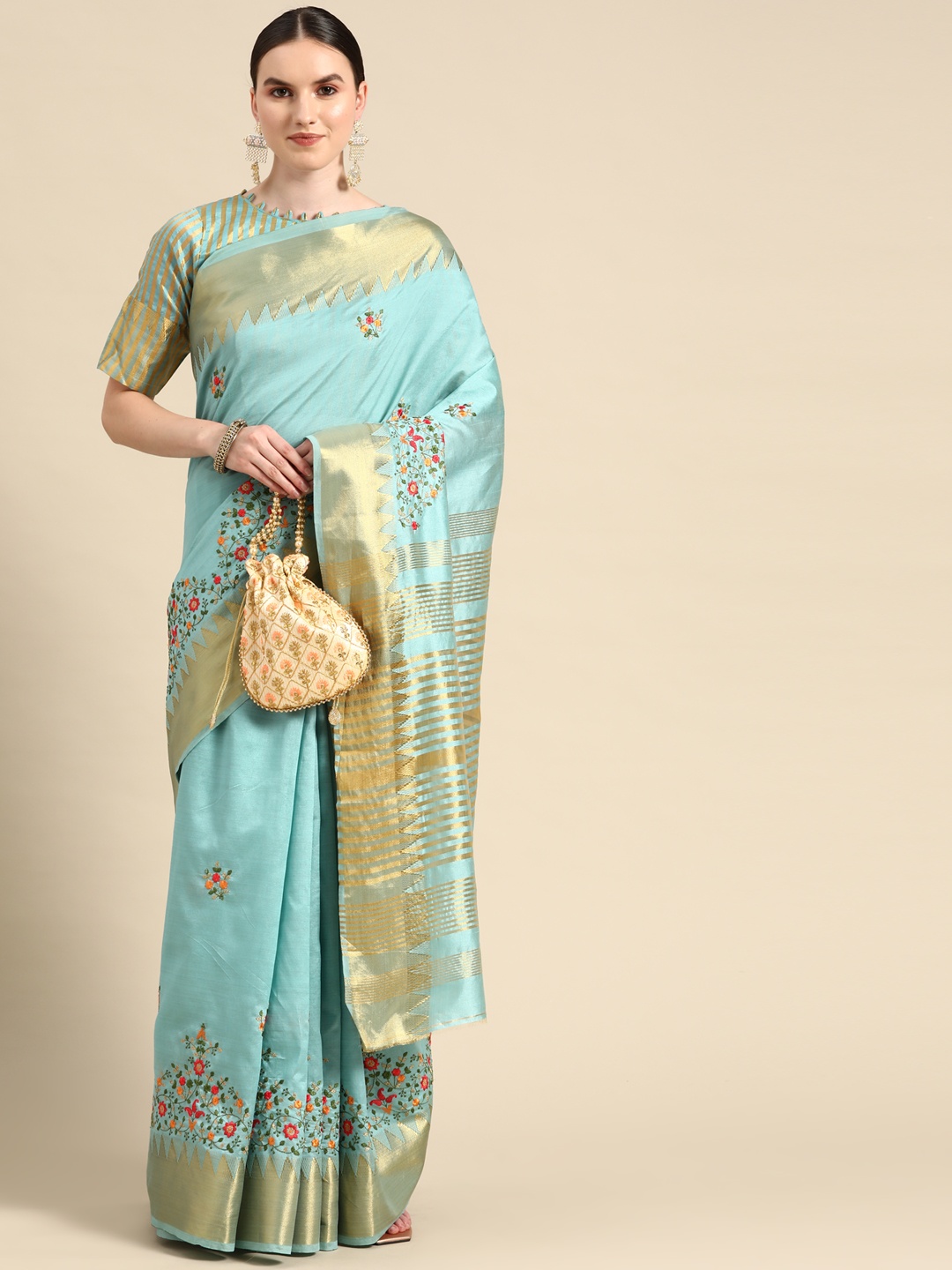 

SERONA FABRICS Floral Embroidered Mysore Silk Cotton Saree, Blue