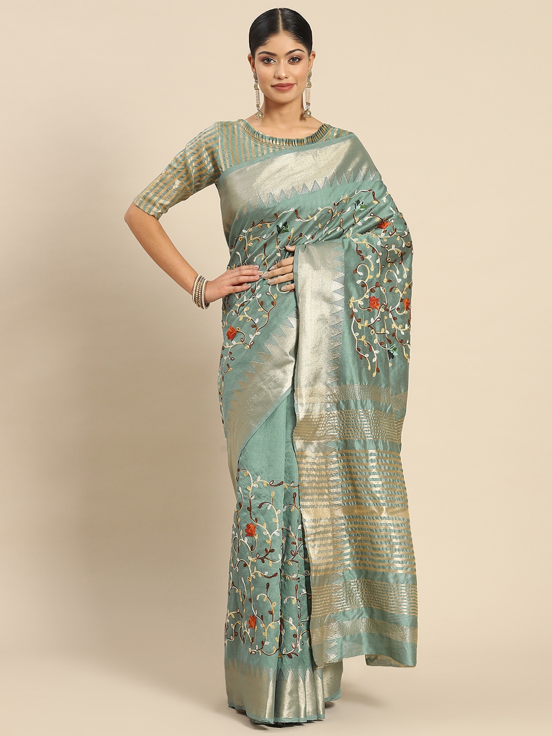 

SERONA FABRICS Floral Embroidered Silk Cotton Mysore Silk Saree, Teal