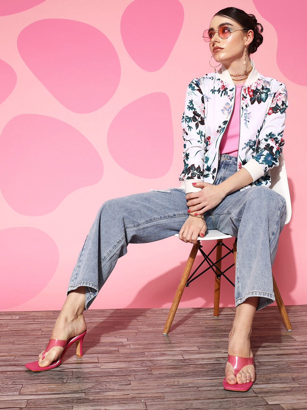 

Berrylush Women Floral Bomber Jacket, White