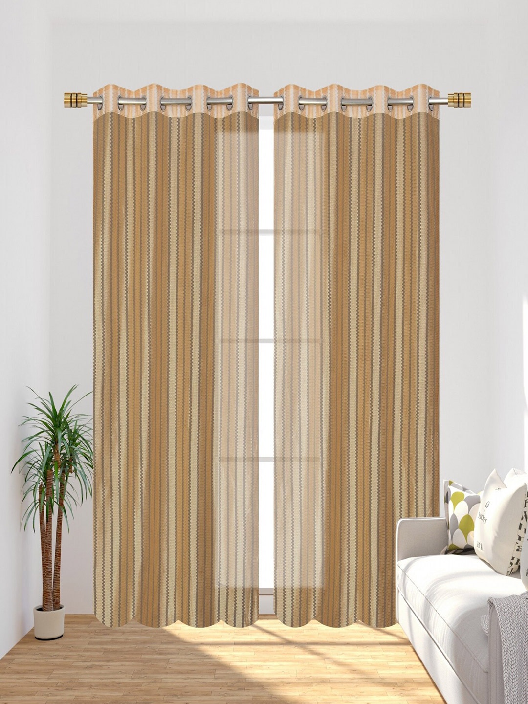 

Homefab India Beige & Gold-Toned Set of 2 Striped Sheer Window Curtains 5 feet