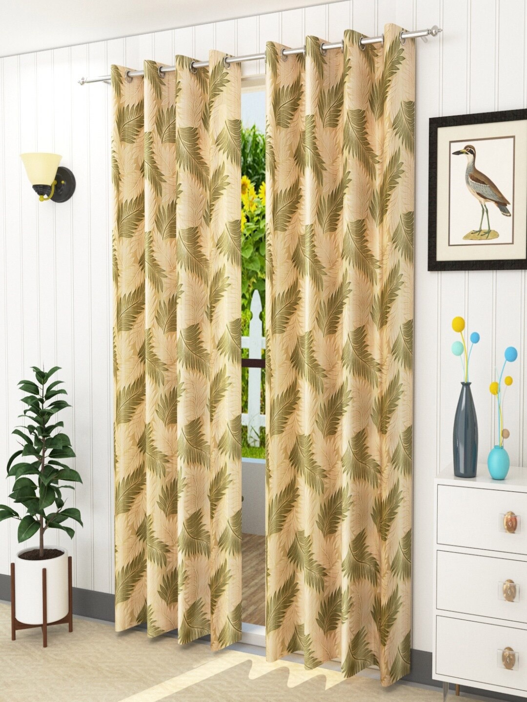 

Homefab India Green & Cream-Coloured Set of 2 Long Door Curtains 9 Feet