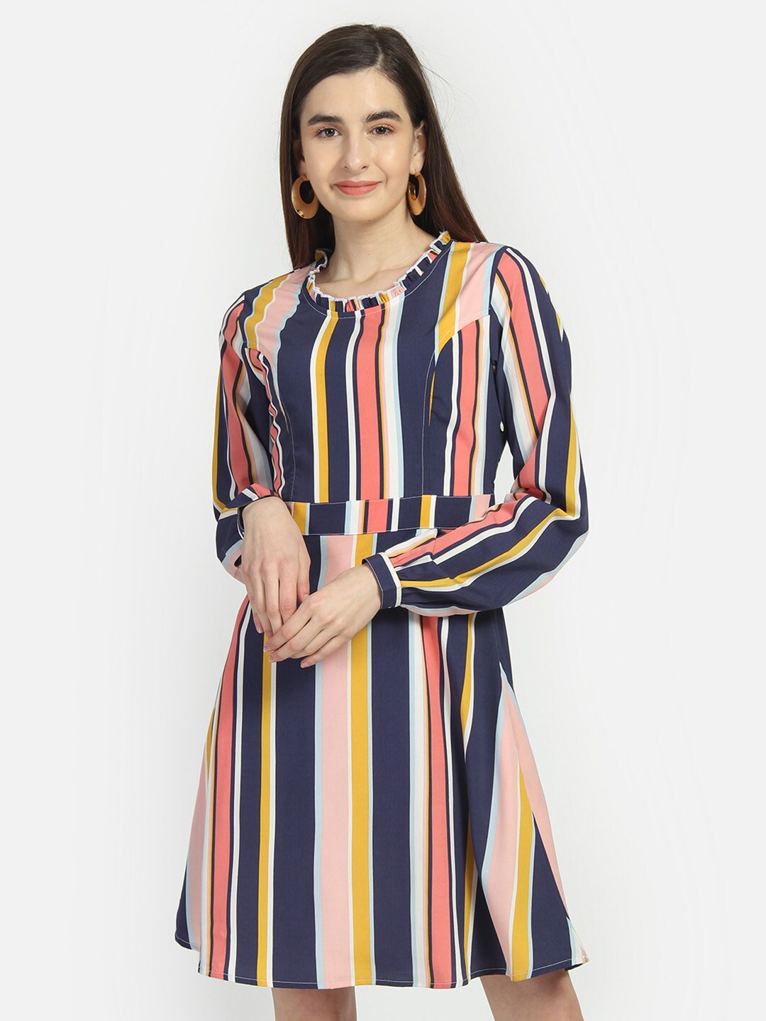 

Yaadleen Striped Belted Knee Length A-Line Dress, Navy blue