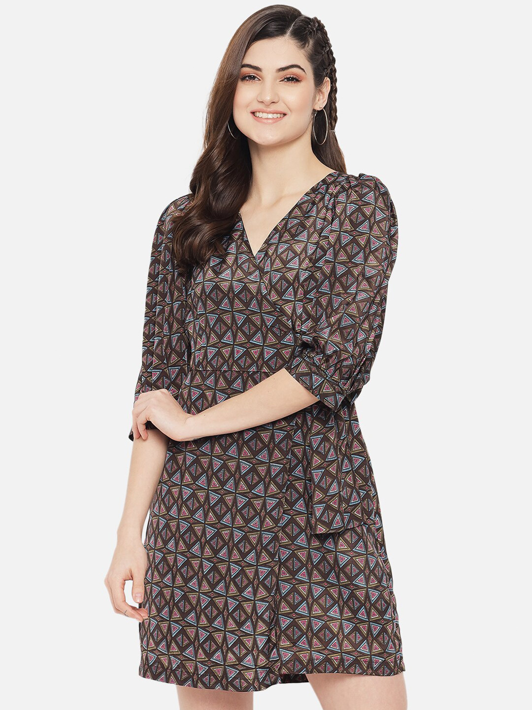 

Yaadleen Printed Cuffed Sleeve Wrap Mini Dress, Brown