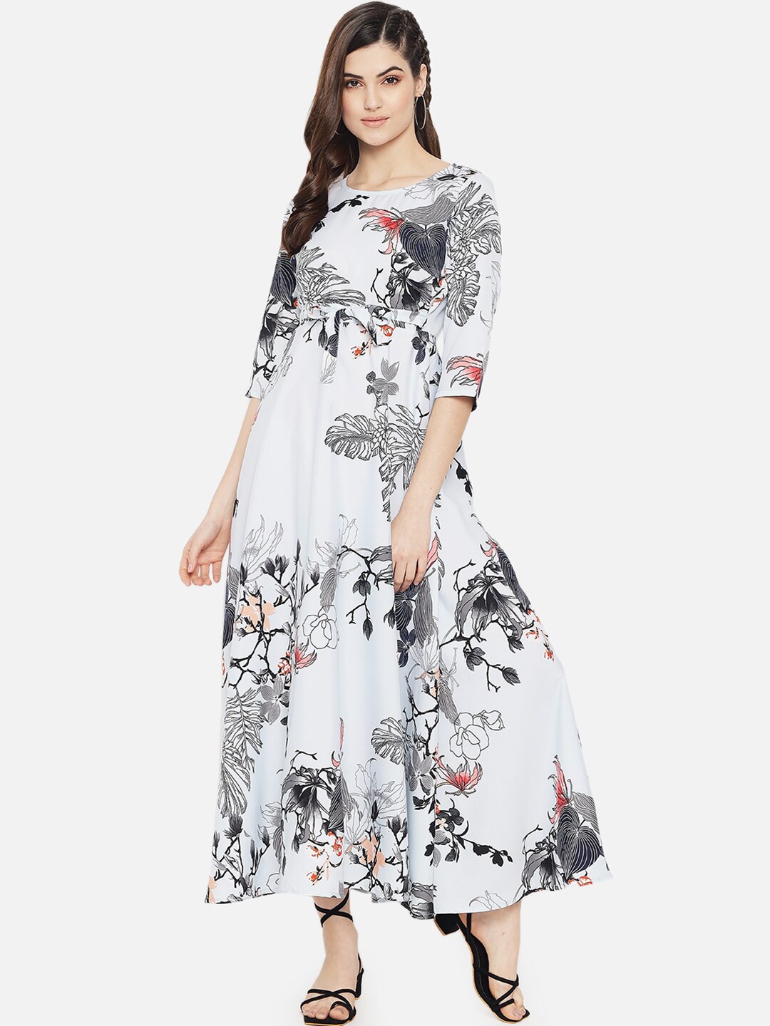 

Yaadleen Floral Printed Flared Maxi Dress with Belted Detail, Grey